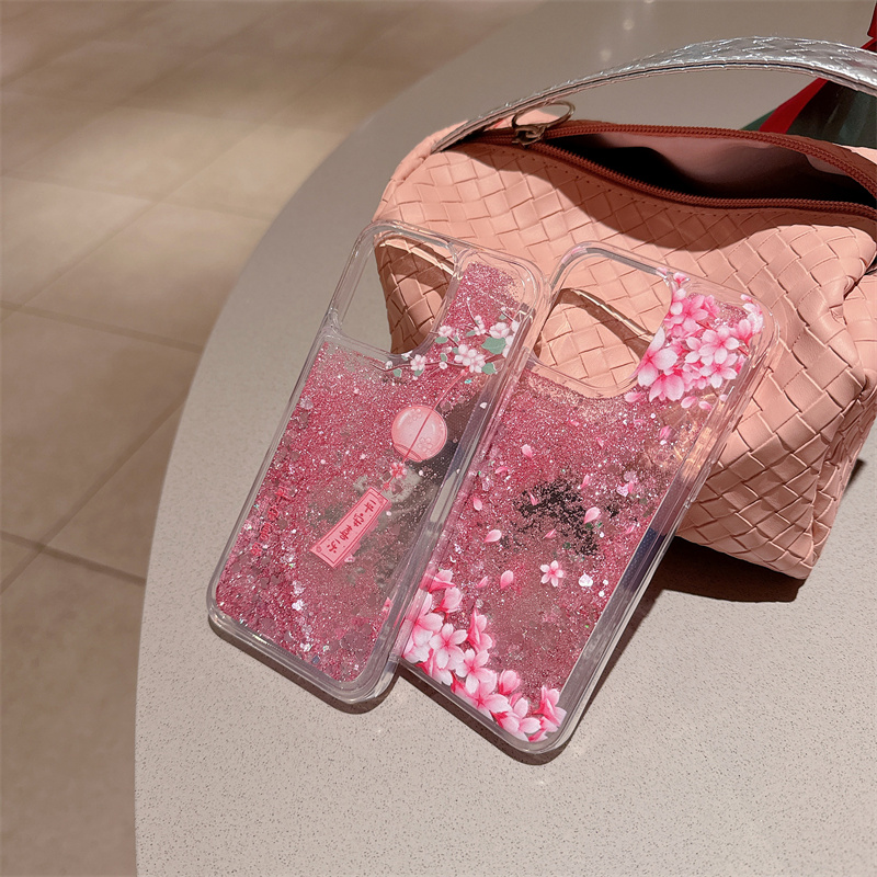 Ferskenblomst glitter kvikksanddeksel til iphone 16 15 14 13 pro max 16 pro mykt beskyttende dynamisk flytende mobiltelefondeksel