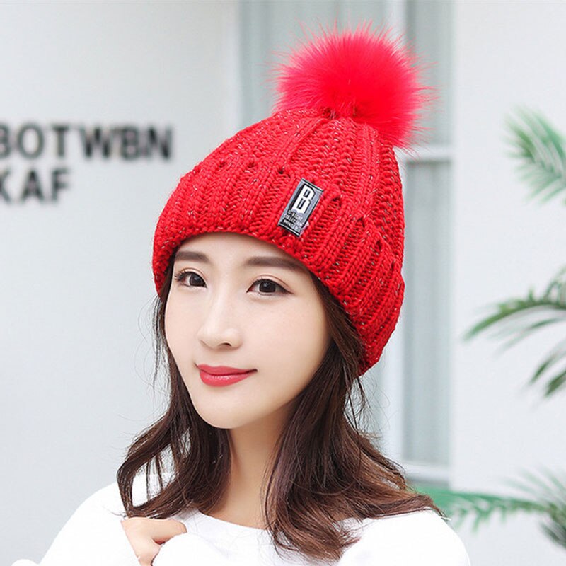 Frauen Dicke Kabel Stricken Hut Schal Weibliche Mützen Plüsch Hut Und Ring Schal Winter Warme Frau Dame Pom Pom kappe Schals Rosa: Red Hat