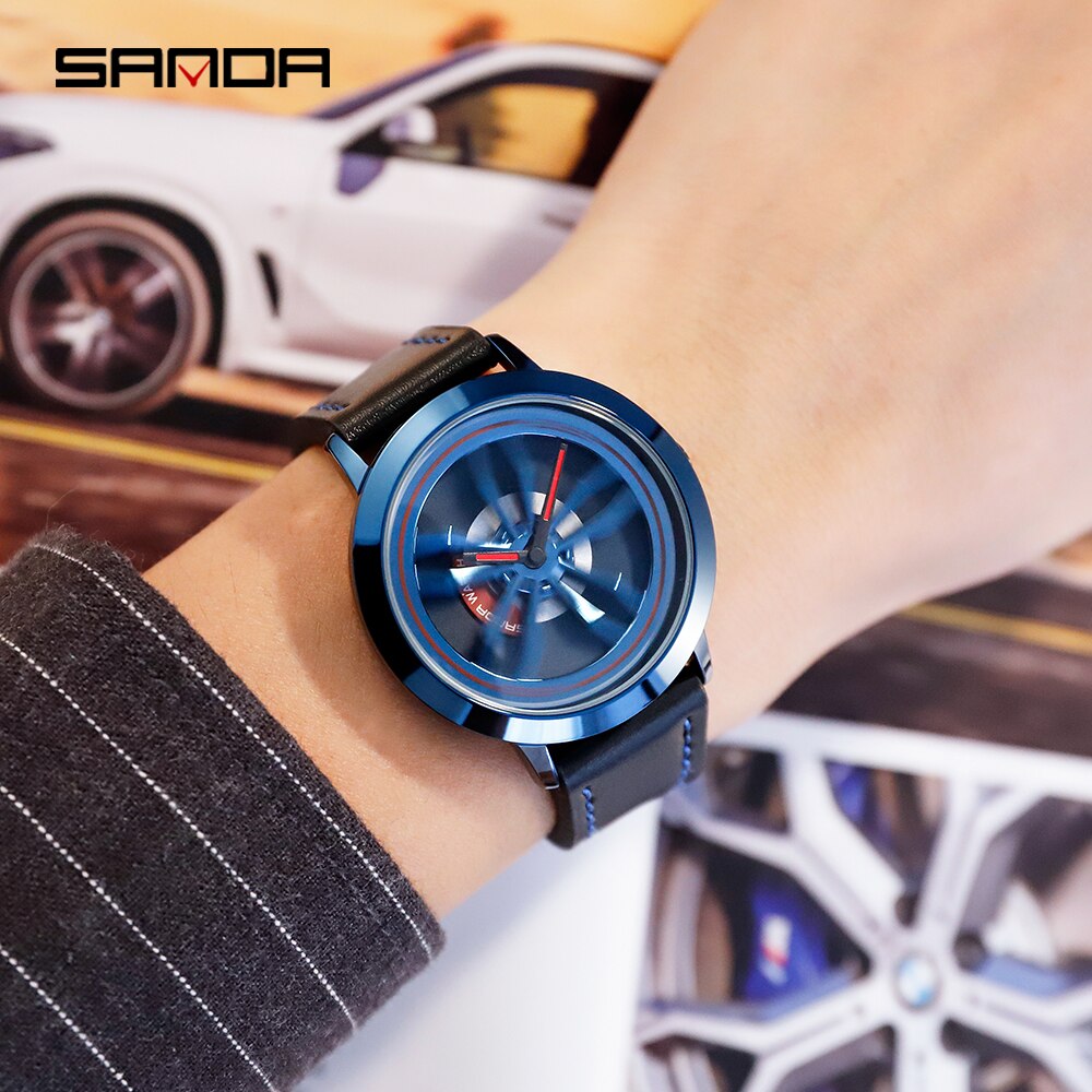 Rotating Wheel Dial Men Watches Car Rim Sports Quartz Watches Waterproof Leather Band Watches Relogio Masculino