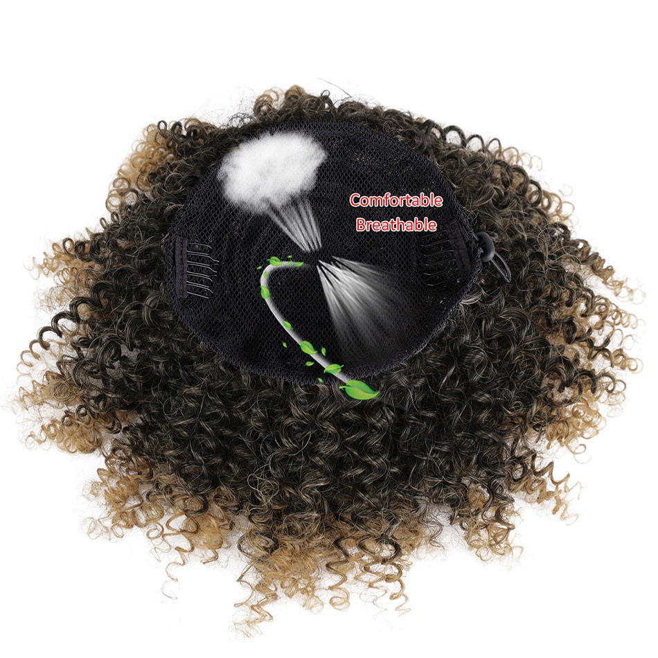 Synthetic Afro Puff Drawstring Bun Ponytail for Women Short Curly Chignon Hair Bun Extension Hairpiece with Two Clips 1B/27#