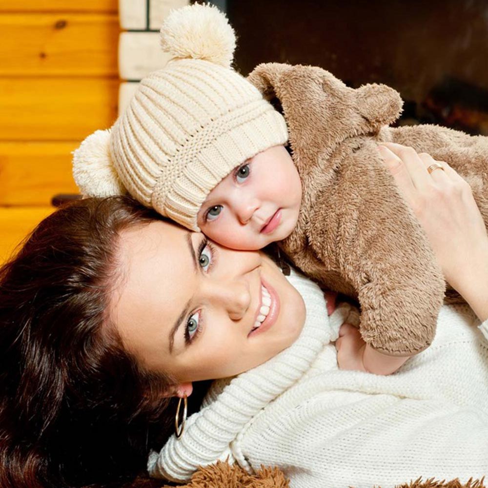 Gorro de punto de lana con dos pompones dobles para niños y niñas de 1 a 3 años, invierno,