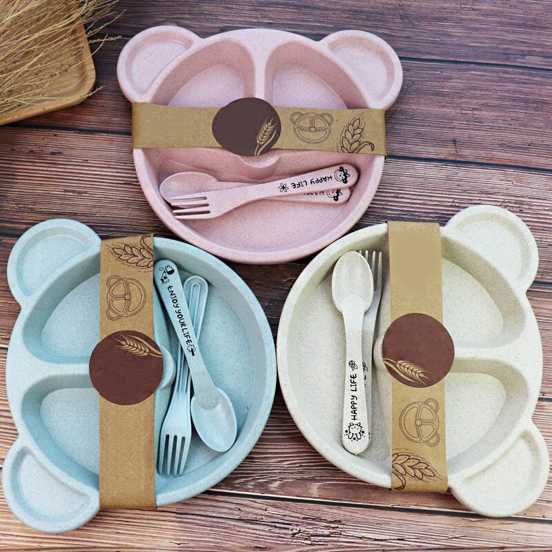 1 Juego de plato de cena para niños y bebés con cuchara y tenedor con forma de oso de dibujos animados rejilla de trigo plato de desayuno para niños utensilios para el hogar
