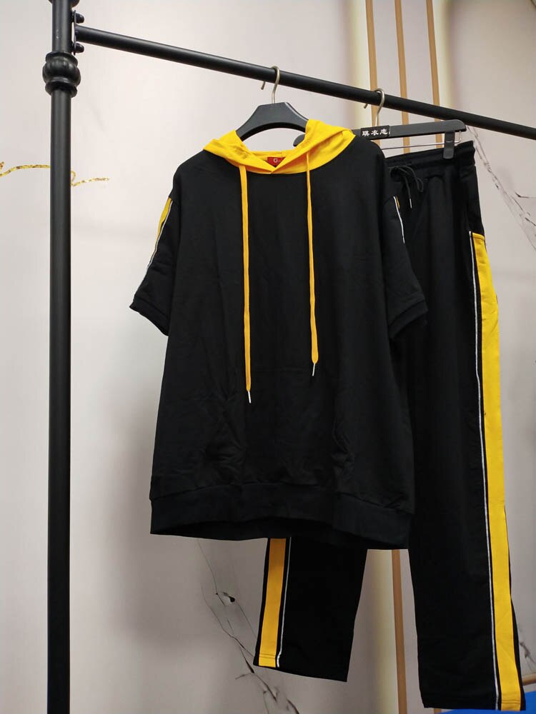 Traje deportivo de talla grande para mujer, traje holgado a rayas con capucha, 150cm, 150cm, 6XL, 7XL, 8XL, 9XL, conjuntos informales de Color negro en contraste