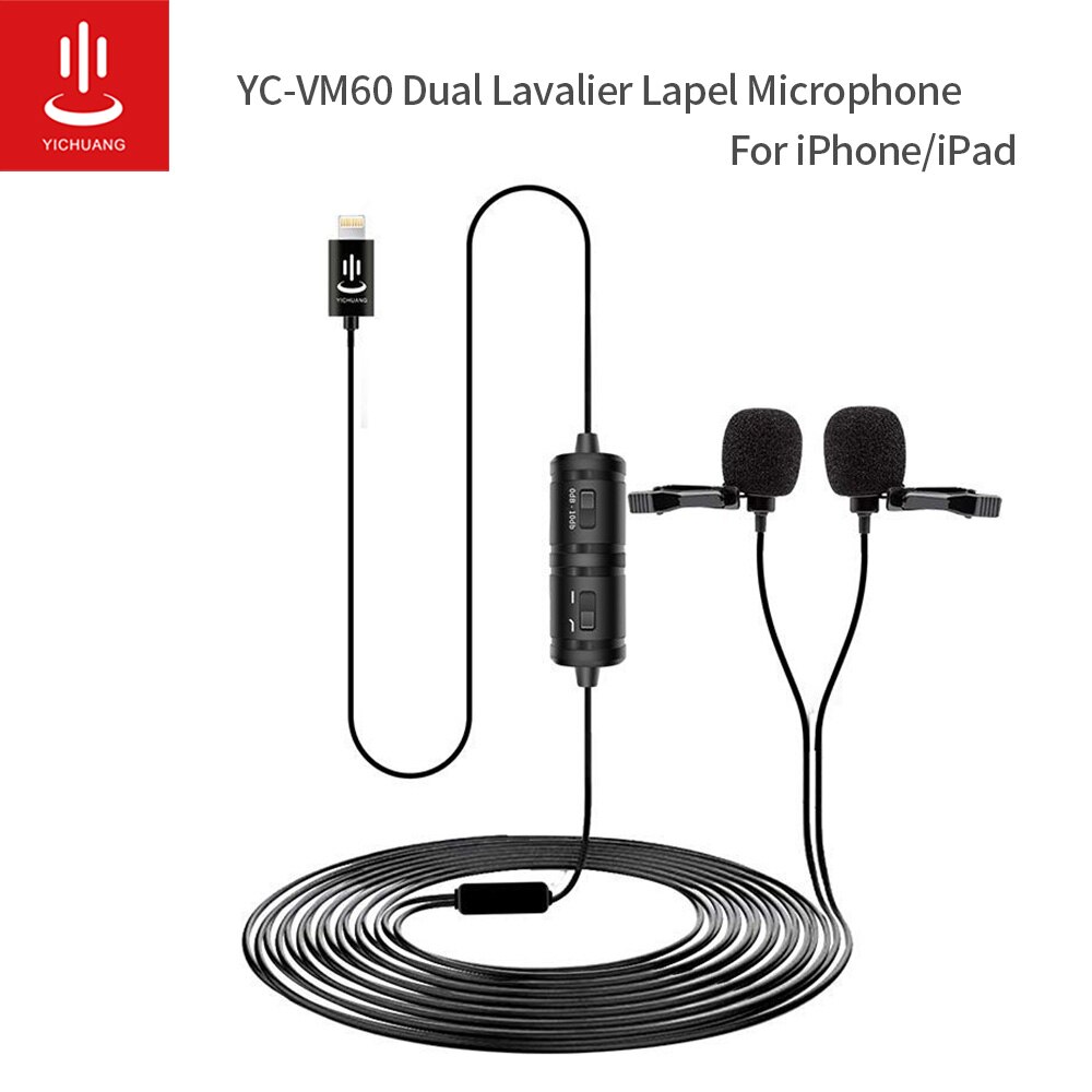 Yichaung VM60 Dual Lavalier Microfoon Bliksem Plug Mini Lavalier Revers Microfoon Voor Iphone/Ipad