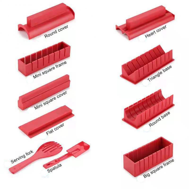 10Pcs/Set DIY Sushi Maker Equipment Kit Japanese Rice Ball Roller Cake Roll Making Multifunctional Mould Tools Kitchen Gagdets: Red Sushi set
