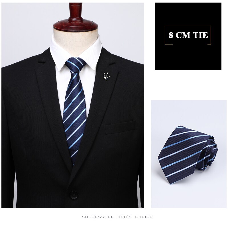 Dark Blue Striped 8cm Wide Ties for Men Business Formal Suit Necktie with Box