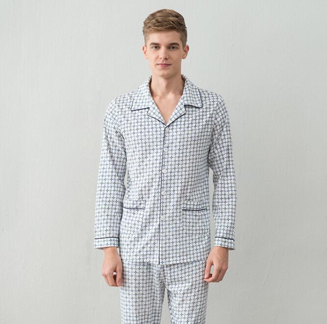 100% katoen Mannen pyjama set lente en herfst mannen pyjama Turn-down kraag lange mouwen nachtkleding nachtkleding thuis kleding: NO 1 / XXL
