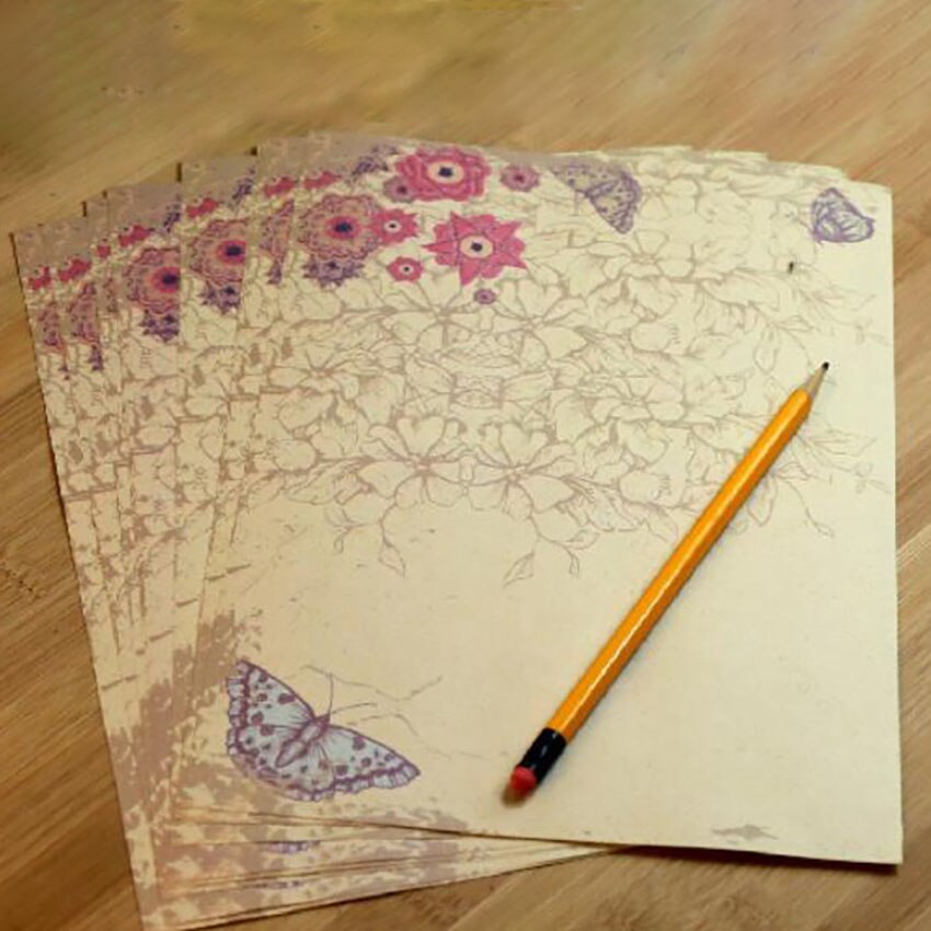 Juego de 10 hojas de papel Vintage para escribir mensajes, de flores, bloc de papel para estudiantes, para la Oficina y la escuela: Butterfly