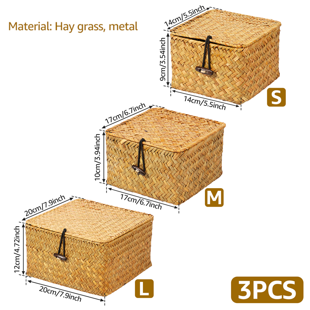 3 stk. vevd oppbevaringskurv med lokk, 3 størrelser stabelbare, håndlagde kurvbeholdere, multifunksjonell oppbevaringsboks for leker, kosmetikkskap: Default Title