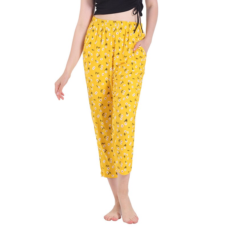 Plus Size 6XL 7XL Sleep Bottoms Summer High Elastic Casual Loose Home Pants Bottoming Calf Length Trousers Lounge Pants Women: Yellow / 6-7XL