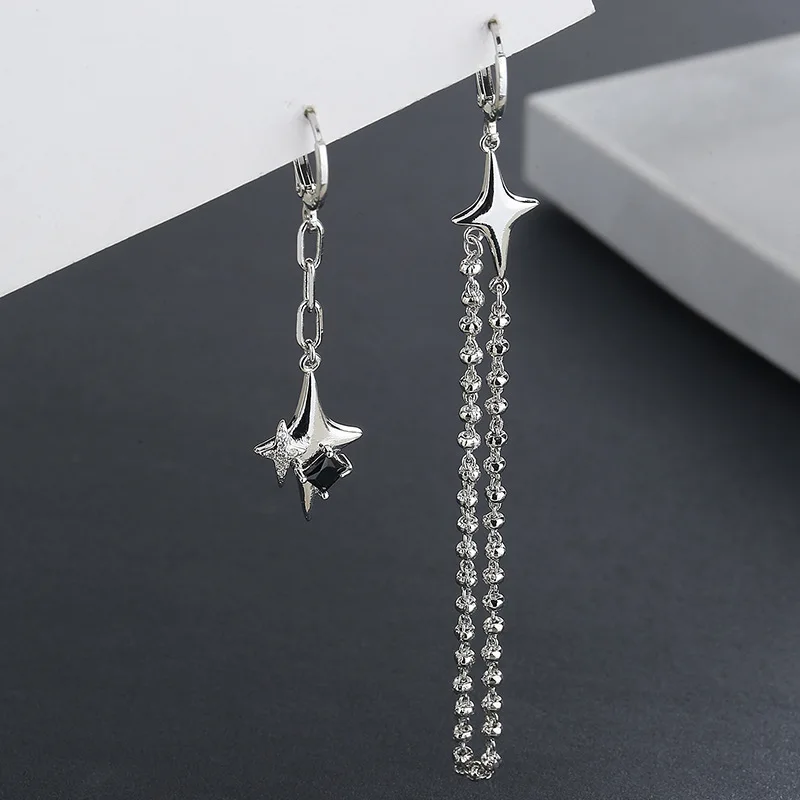 CIAXY-pendientes asimétricos de estrella de cuatro puntas para mujer, aretes de gota de cadena de borla Simple, joyería de de: Bañado en rodio de imitación