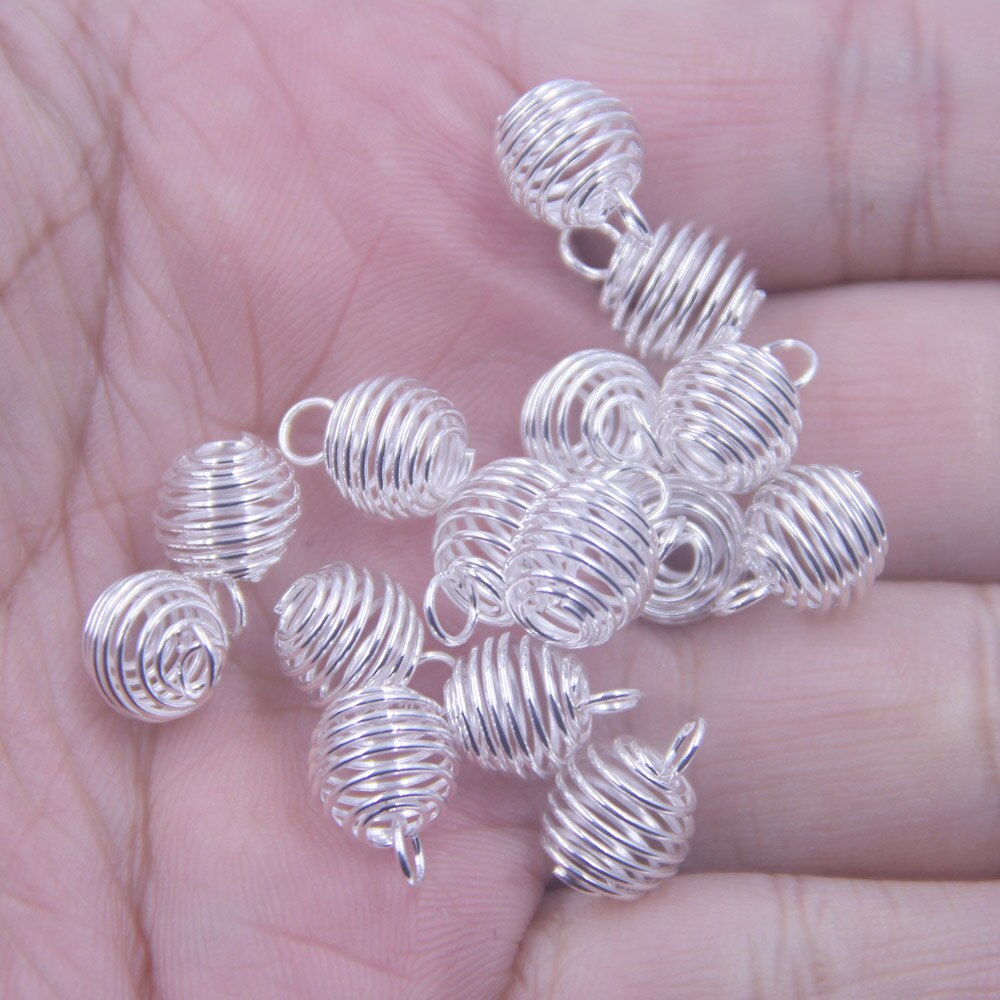 50 Lantaarn Lente Spiral Bead Cages Hangers Zilver Goud Brons Gunmetal Kleur Legering Voor Ketting Sieraden Diy Vinden Charms 9mm: Silver Plated