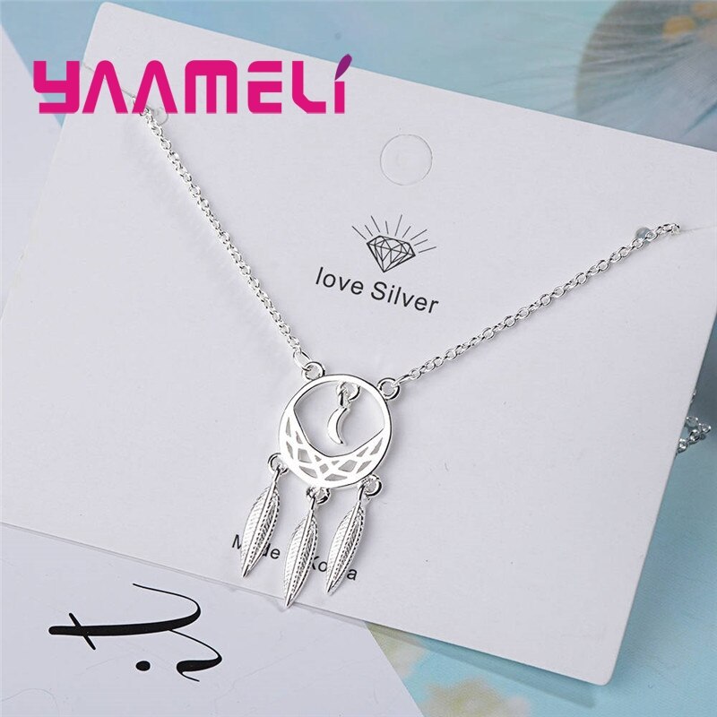 Moon Leaves Pendant 925 Sterling Silver Necklace 18" Chain For Woman Girls Banquet Accessories