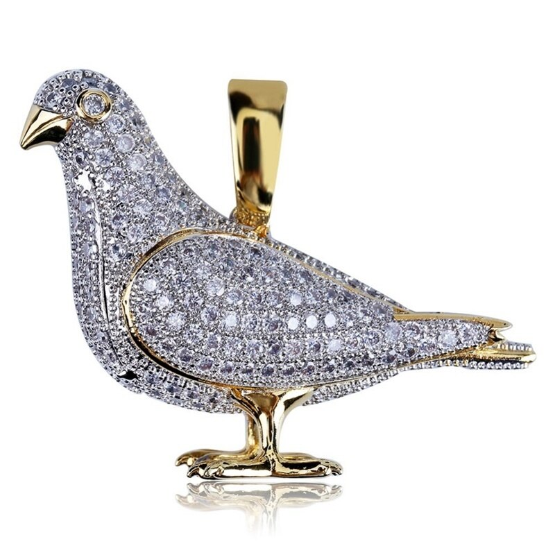 Neue Stil vereist aus Gold Farbe Überzogen Zwei Tonne Mikro Pflastern Zirkon Taube Anhänger Halskette Hüfte hüpfen Schmuck für Männer frauen