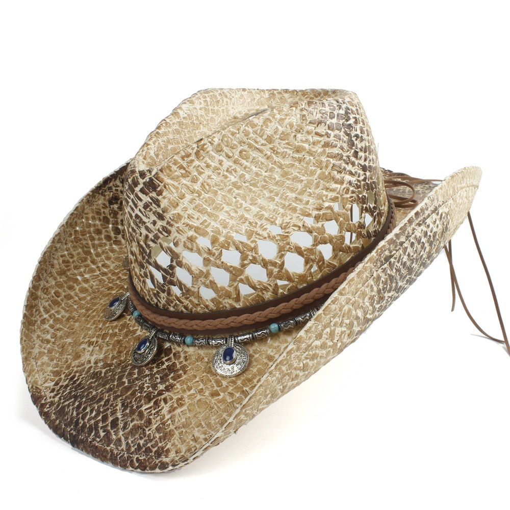 Western Cowboy Hat For Women Men Handmade Straw Bohemia Sombrero Hombre Straw Cowgirl Jazz Sun Caps Size 56-58CM