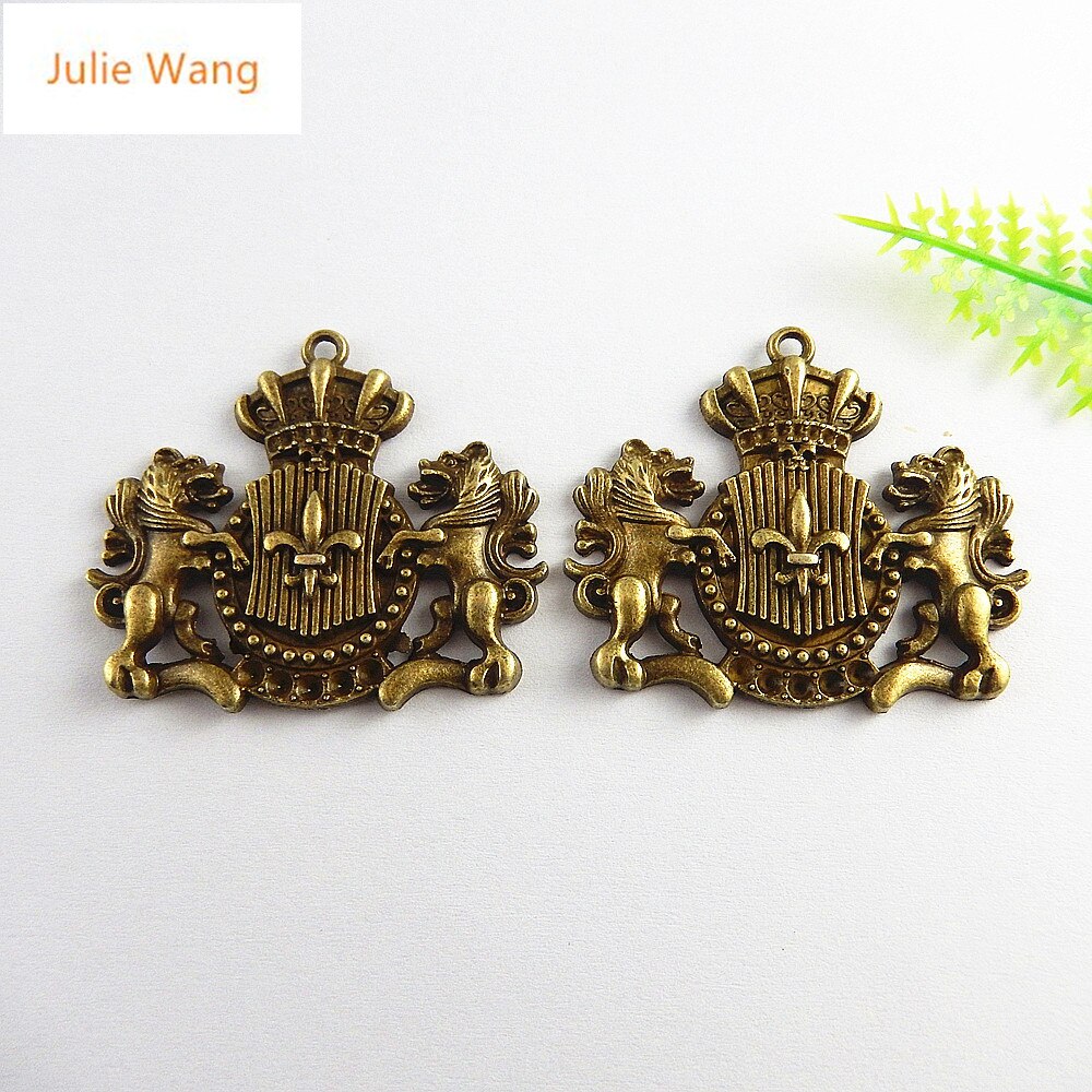 Julie Wang 5PCS Antique Bronze Lion Guardian Badge Charms Pendants Jewelry Making Necklace Key Chains Accessory