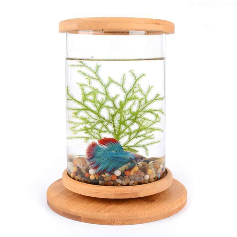 Fish Tanks Mini Desktop Aquaponic Aquarium 360 Rotating Ultra-clear Glass Fish Bowl with Non-slip Wooden Base Lid