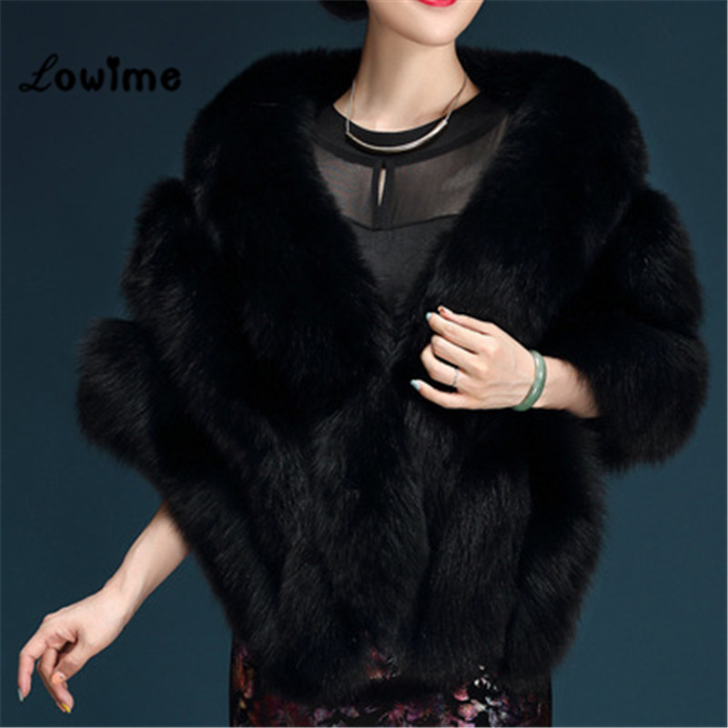 Multi Farbe Auf Lagerbier Bolero Frauen Faux Fell Hochzeit Jacke Günstige Pelz Schal Braut zucken Kap Mariage Winter Braut Mantel Neue: Schwarz