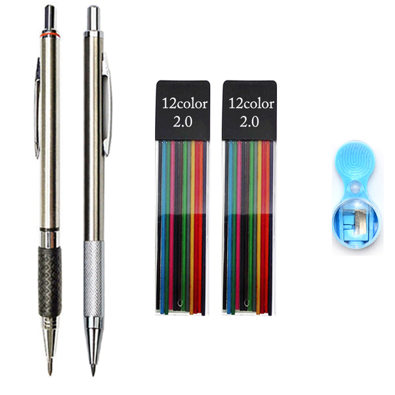 Lápiz mecánico retráctil de Metal/plástico, bolígrafo de 2mm de recambio 2B para la escuela de dibujo de bocetos, color negro, 2,0: Gris oscuro