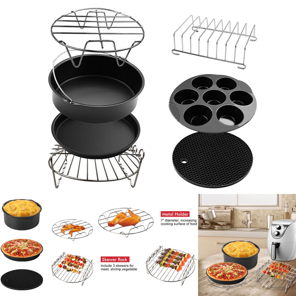 Set Van 7 Lucht Friteuse Accessoires 8Inch, Cake Vat, Pizza Pan, Cakevorm, Rack, siliconen Mat