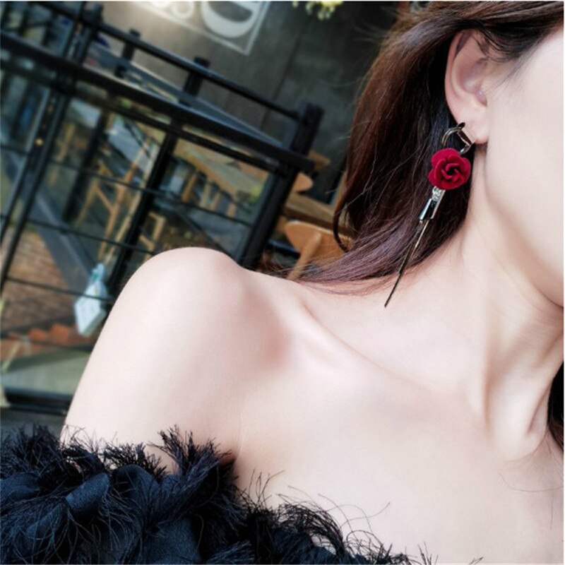 Rode Roos Oorbellen Strass Bloem Oorbellen Herfst En Winter Wilde Lange Tassel Earring Voor Vrouwen Bruiloft Sieraden Accessoires