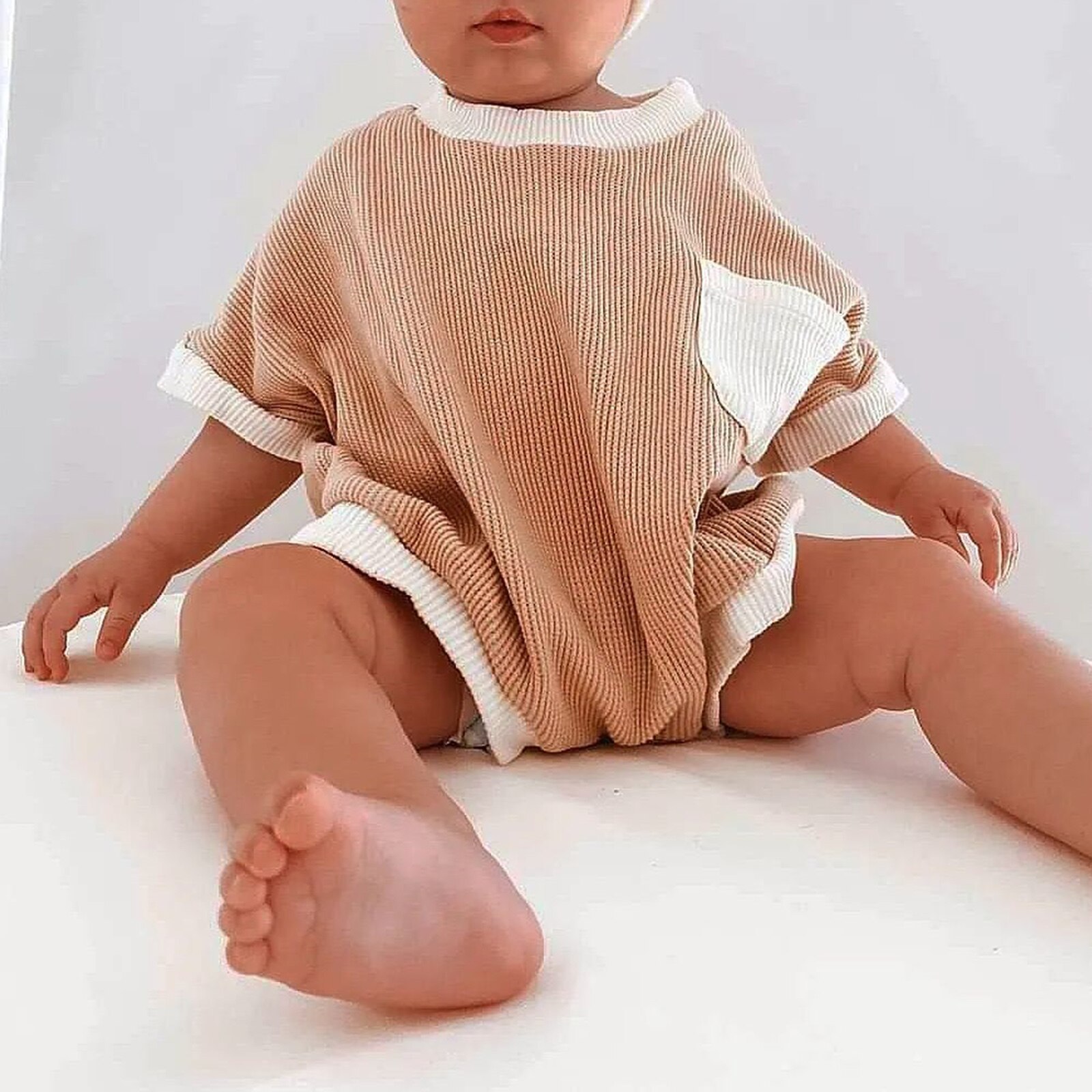 2022 Summer Cute Infant Baby Girls Boys Romper Outfits Patchwork Waffle Short Sleeve Jumpsuit Playsuit+Bowknot Headband Set