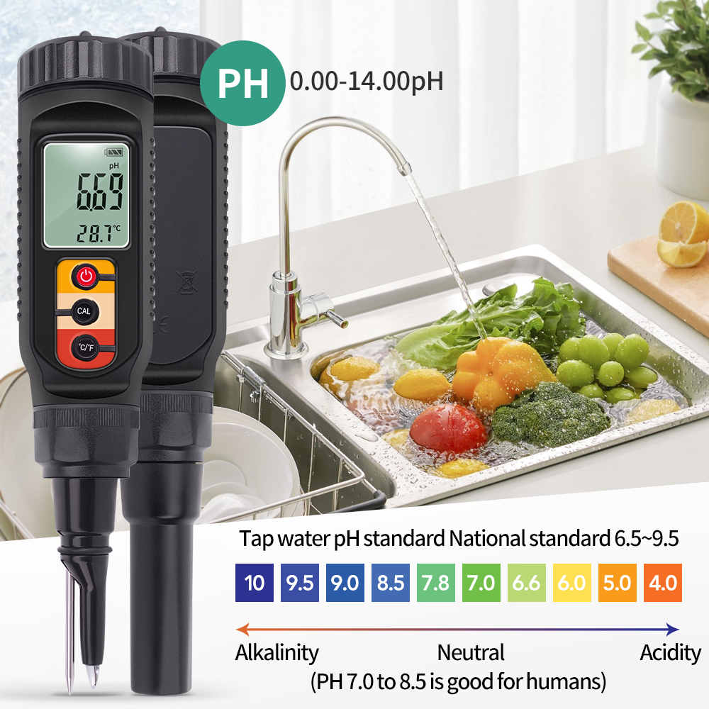 Digital Food PH Meter 0.00~14.00 PH Temp Acidity Tester Dough Soil PH Detector for Meat Cheese Bread Fruit Water Analyzer Meter