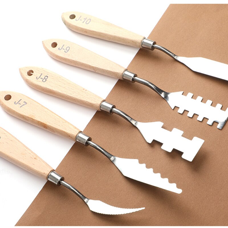 Raspador de arte de forma especial de cerámica de acero inoxidable, cuchillo de paleta de pintura acrílica con mango de madera, herramienta de cerámica con textura de pintura al óleo
