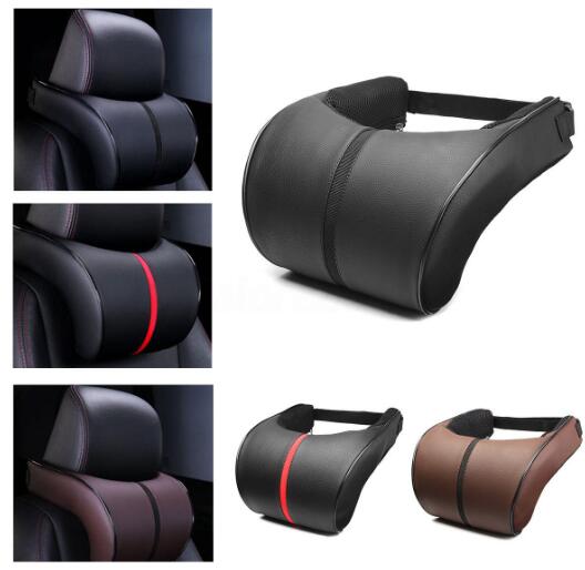 Reizen hoofd nek rust Auto hoofdsteun, auto, Leder, kussen, Memory Foam-Rode Wijn Autostoel hoofdsteun kussen (Color : Black red