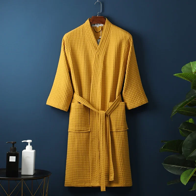 Peignoir éponge 100% coton pour hommes et femmes, serviette d'eau à sucer, vêtements de nuit, spa, hôtel, longue robe, kimono, grande taille, amoureux de la robe en spanGown: L / YELLOW