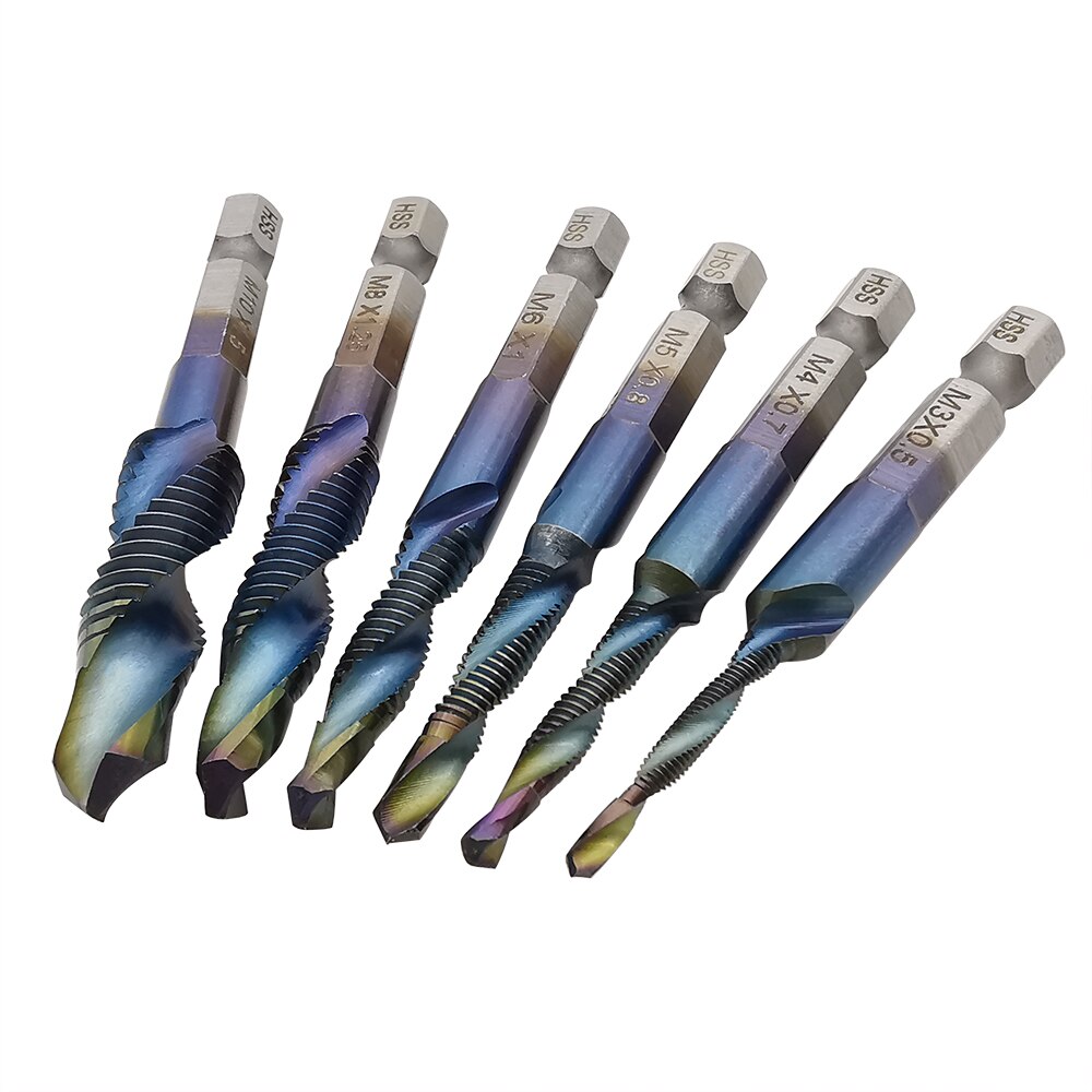 6Pcs Metric Tap Drill Bit Hex Shank Titanium Plated HSS Screw Thread Screw Composite Taps Drill Drilling Tool M3 M4 M5 M6 M8 M10