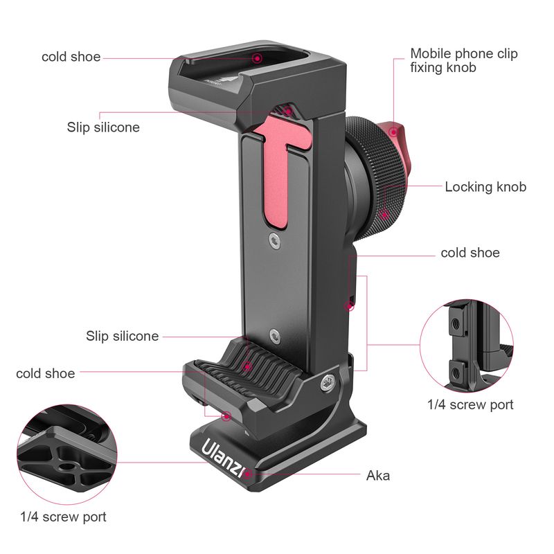 Ulanzi ST-27 Metal Phone Holder Clamp With Cold Shoe Arca 360°Rotatable Smartphone tripod Mount Clip for TikTok Vlog Photography