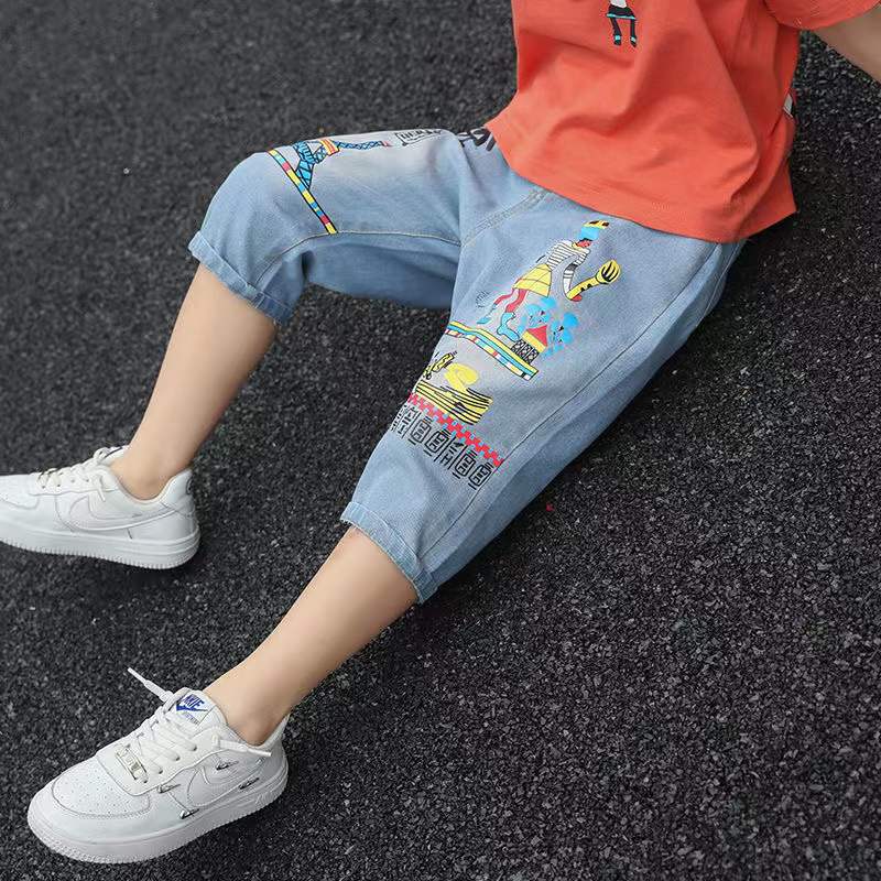 Short en Jean pour garçon et adolescent, Short d&#39;été en coton imprimé, décontracté, de 100 à 160cm