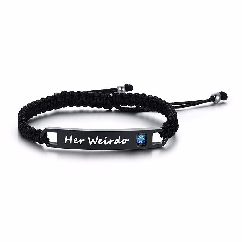 His Crazy Her Weirdo Stainless Steel Tag Couple Bracelet in Black Braided Rope Jewelry: 039Men