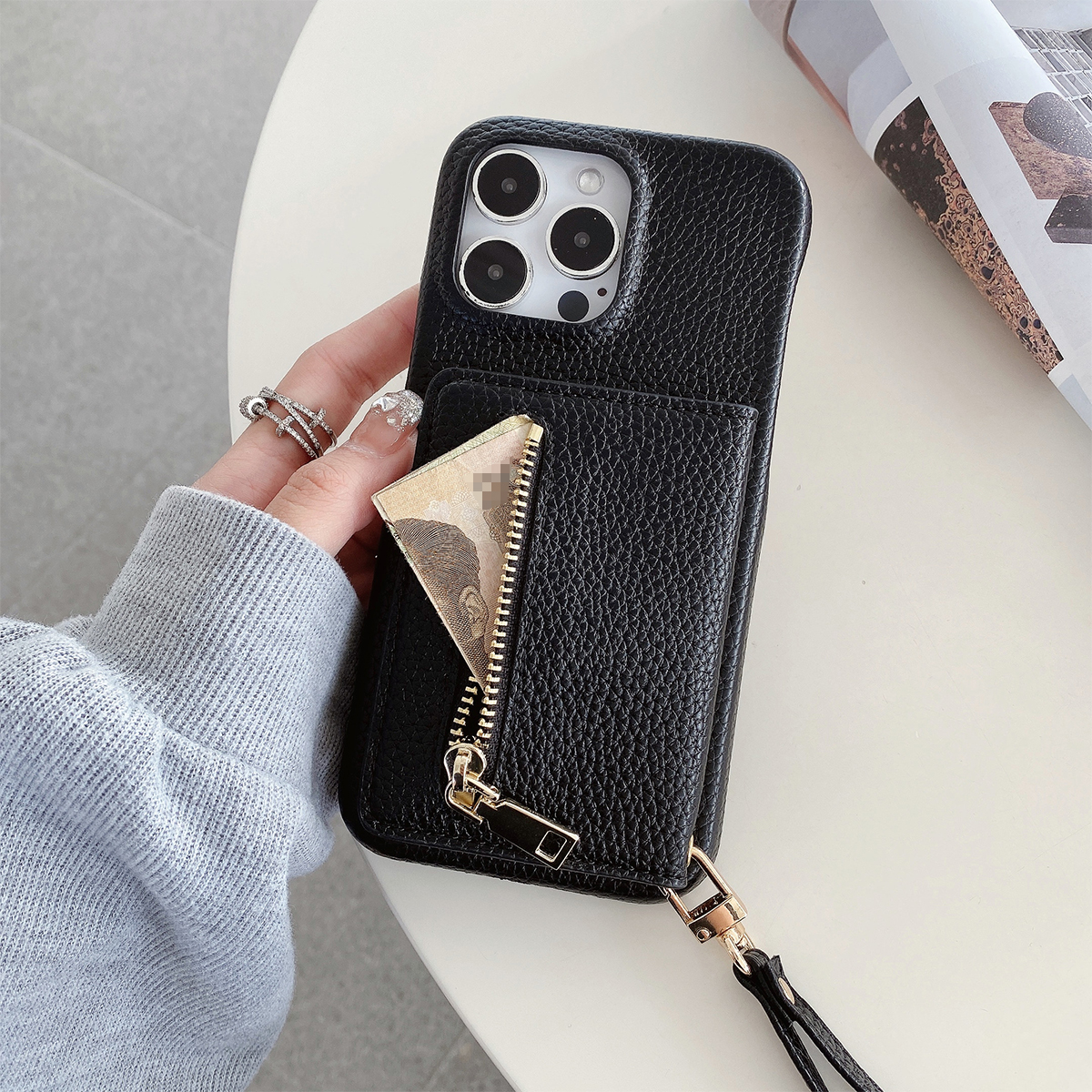 Luxus Litschi schälen aufbringen Pu Ledertasche für iPhone 15 14 13 12 11 Profi Max kleinen Spiegel Karten Halfter Schlüsselband Brieftasche Abdeckung