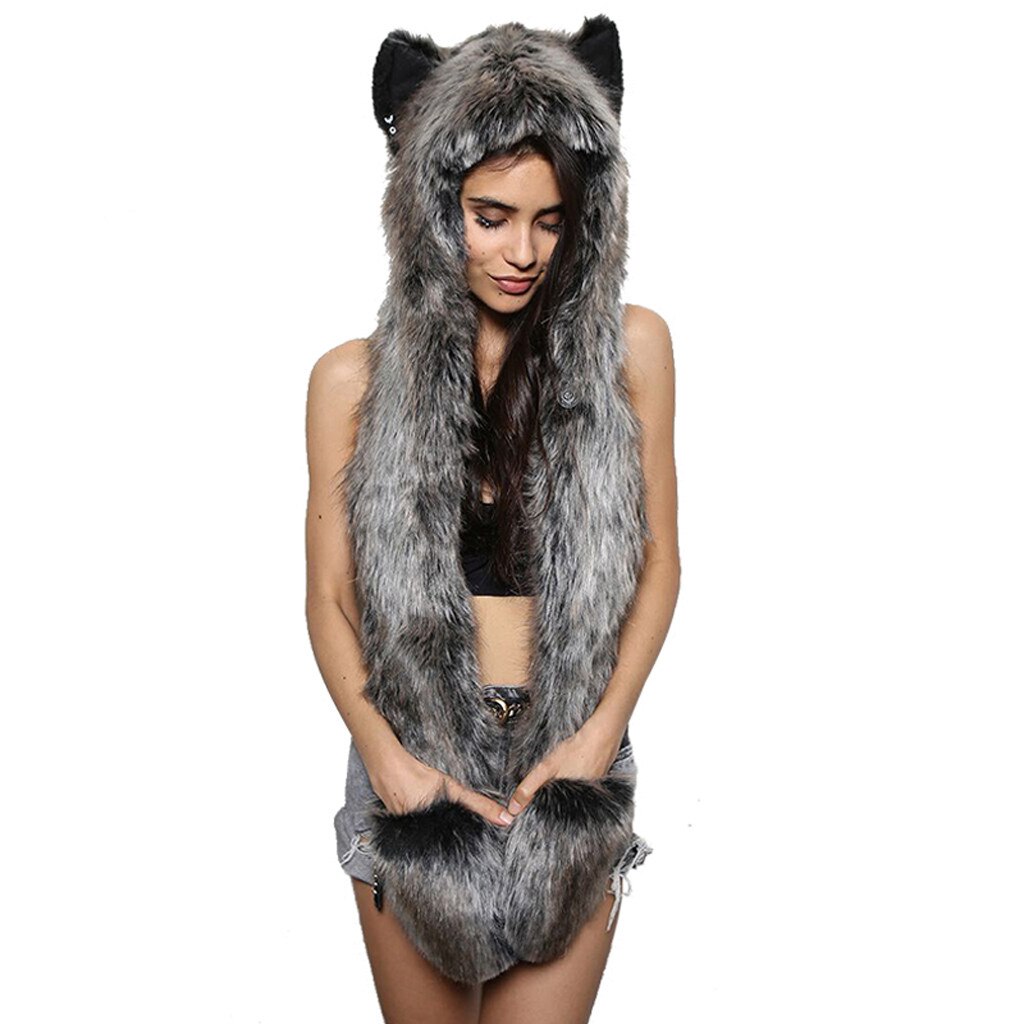 Women Faux Fur Hood Animal Hat Ear Flaps Hand Pockets Set Animal Hood Hat Wolf Plush Warm Animal Cap with Scarf Gloves: Black