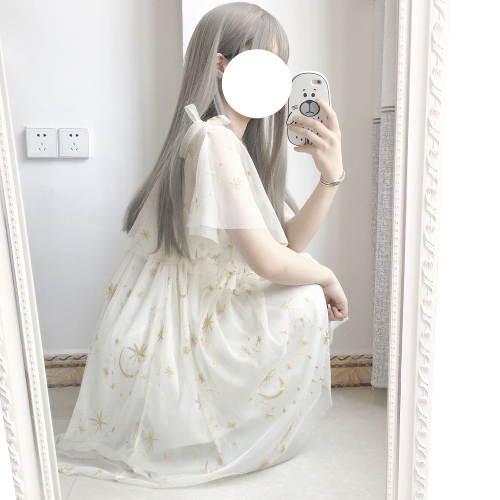 Japonês kawaii meninas lua estrela bordado vestido vitoriano verão lolita vestido chá festa gótico lolita op chá loli cos