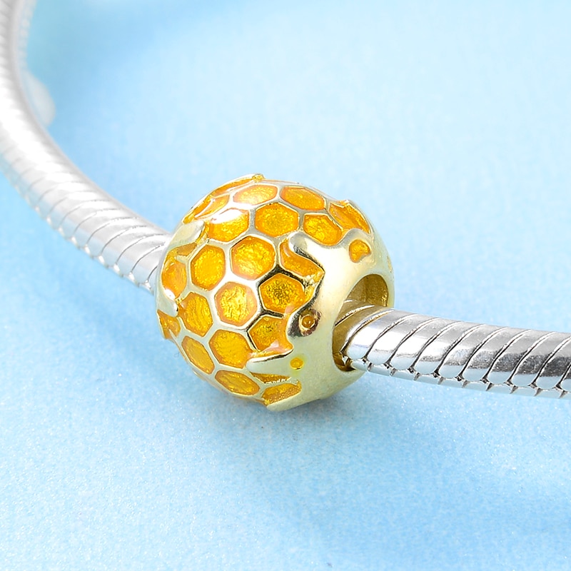 925 sterling silver Unique round golden bee DIY Enamel beads Fit Original europeu Charm Bracelet Jewelry making