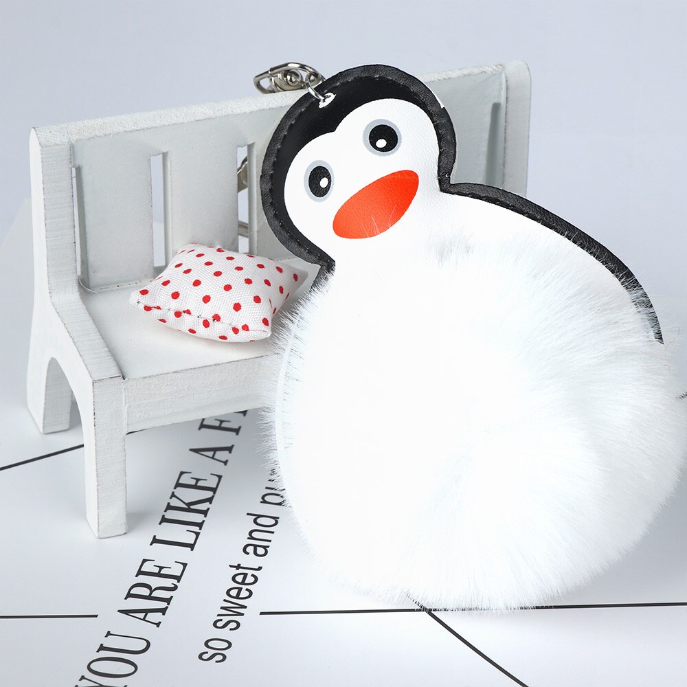 Pluizige bal schattige harige pinguïn sleutelhangers sleutelhanger voor vrouwen meisjes tashanger bont auto sleutelhanger sleutelhangers pompon: Wit