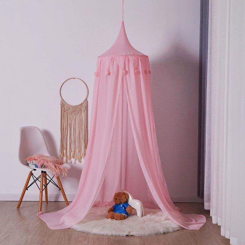 Mosquitera hecha a mano para decoración de dormitorio de niños, cortinas toldo para camas, cúpula colgante redonda con borlas de pompón: Pink Chiffon