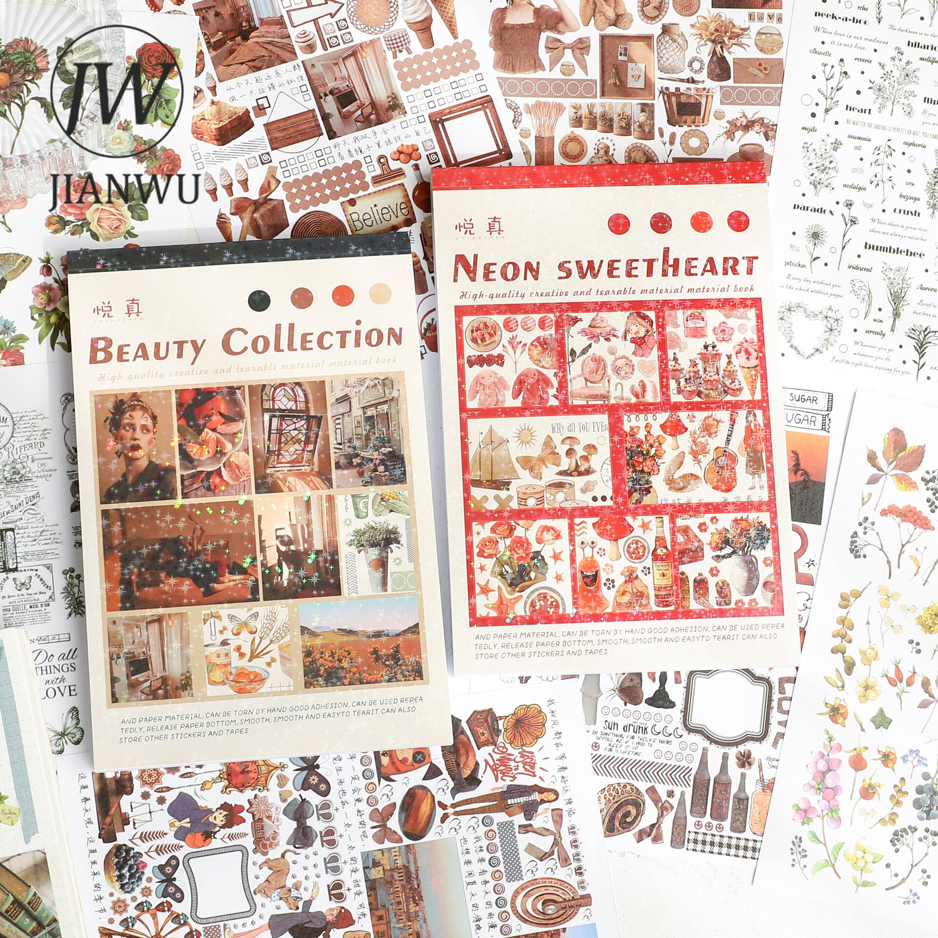 JIANWU 50 Pcs Retro Cute Cartoon Journal Stickers DIY Scrapbooking Decorative Collage Material Diary Stickers Kawaii Stationery