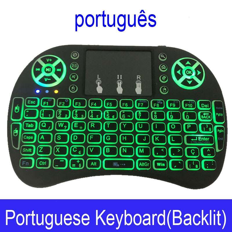 I8 mini trådløst tastatur 2.4 ghz engelsk arabisk russisk hebraisk qwerty tastatur med touchpad til android tv box laptop mi: Portugisisk / Med baggrundsbelyst
