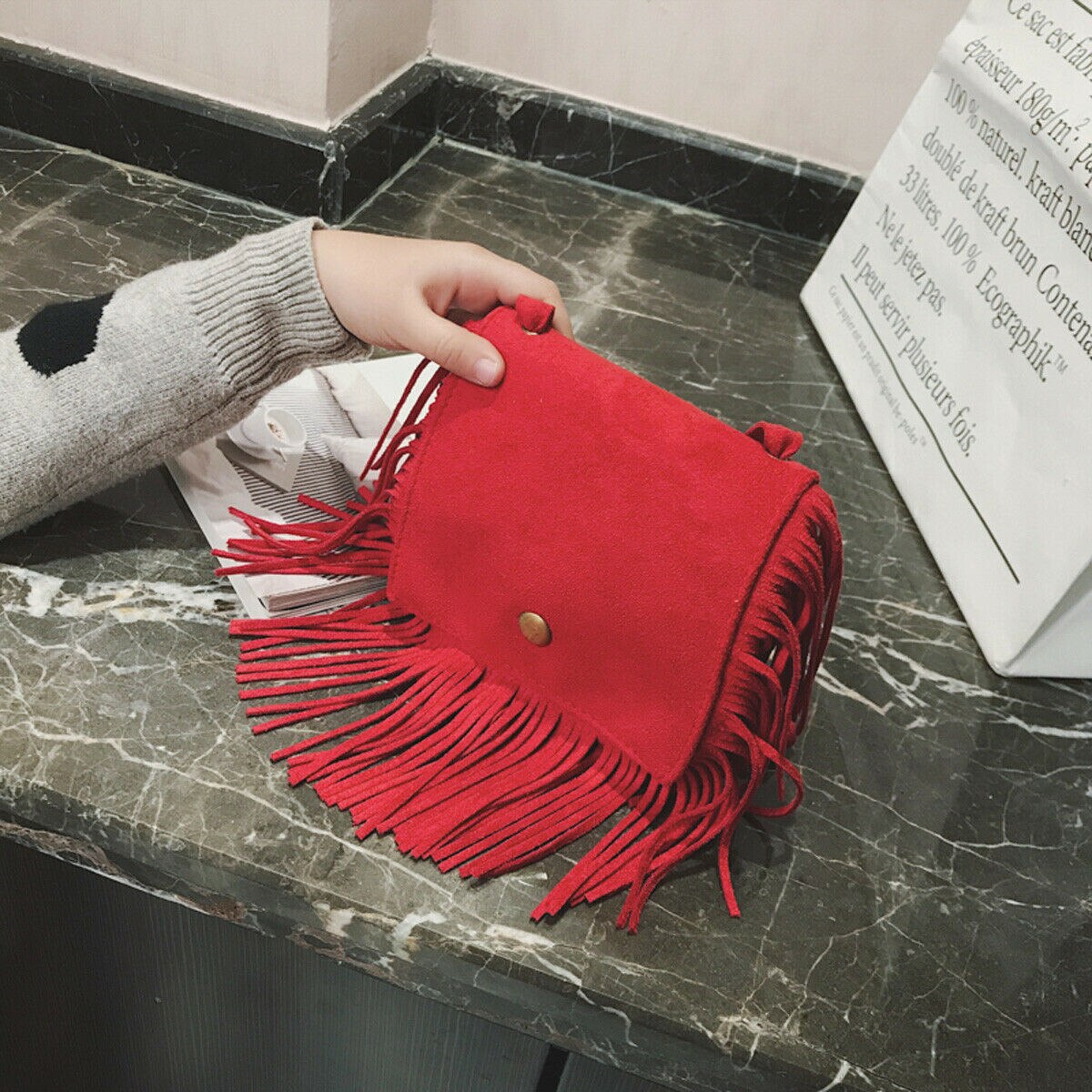 Mini bolso bandolera con borlas para niños y niñas, monedero, bandoleras: Rojo