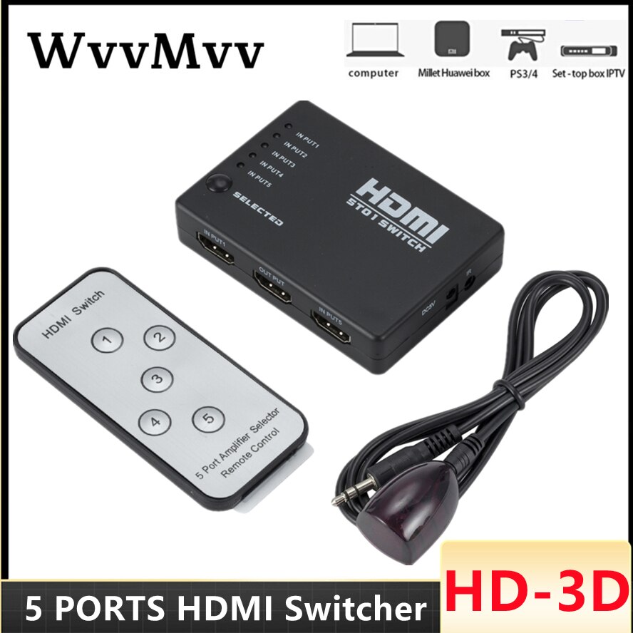 Hdmi Switch 5 In 1 Out Hdmi Splitter 5X1 Met Ir Afstandsbediening Ondersteunt 3D 4K HD1080P Hdmi Switcher voor Xbox PS4 Blu-ray Speler