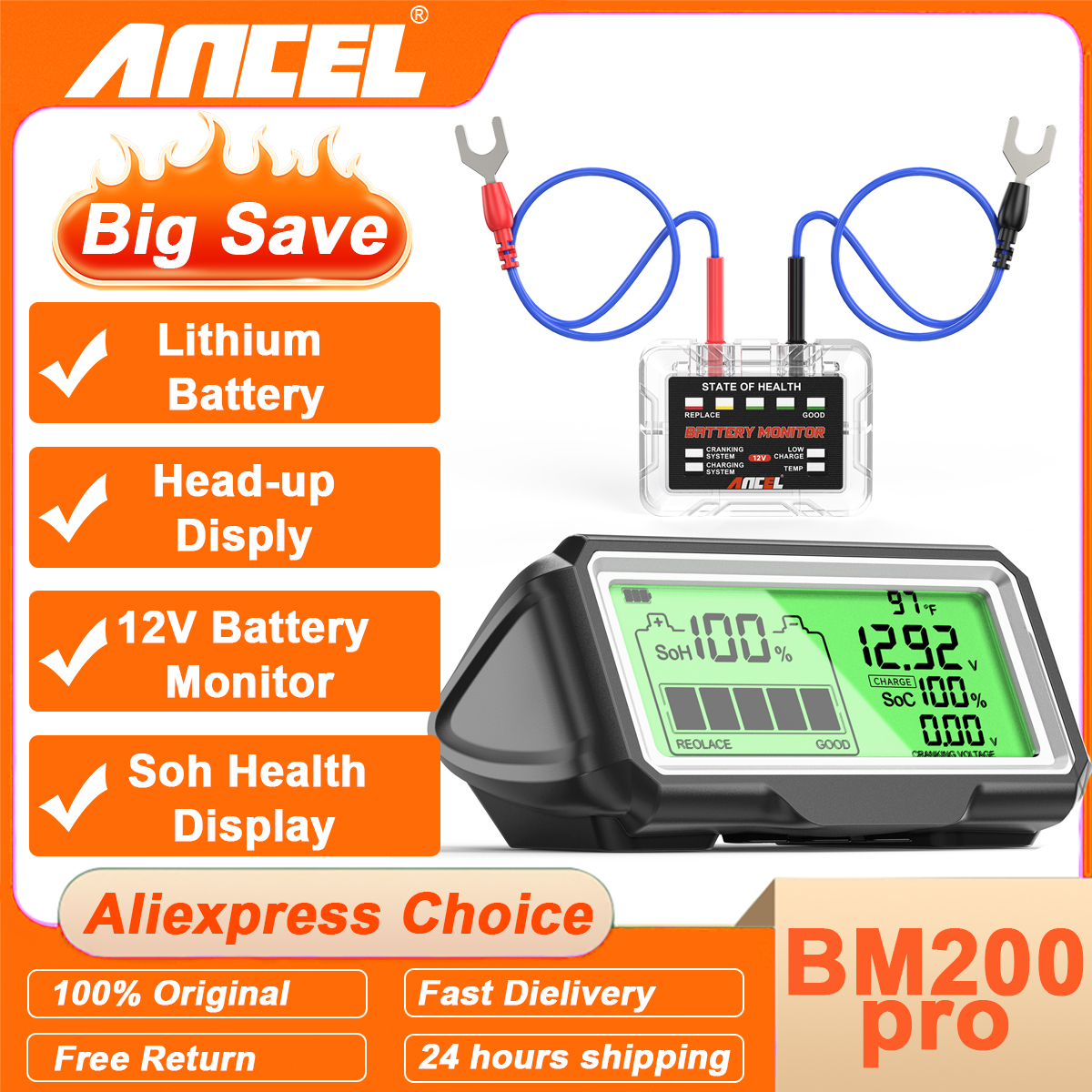 ANCEL BM200 PRO LED Battery Tester for 12V Battery Monitor Display Battery Health SOH SOC Tester Analyzer Charging Tester Tools