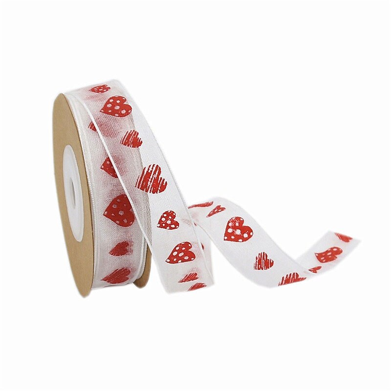 5/10M (1 Roll) Romantic Red White Heart printed Ribbon Organza Lace ribbon Riband for Sewing Wedding Wrapping Accessories: 5