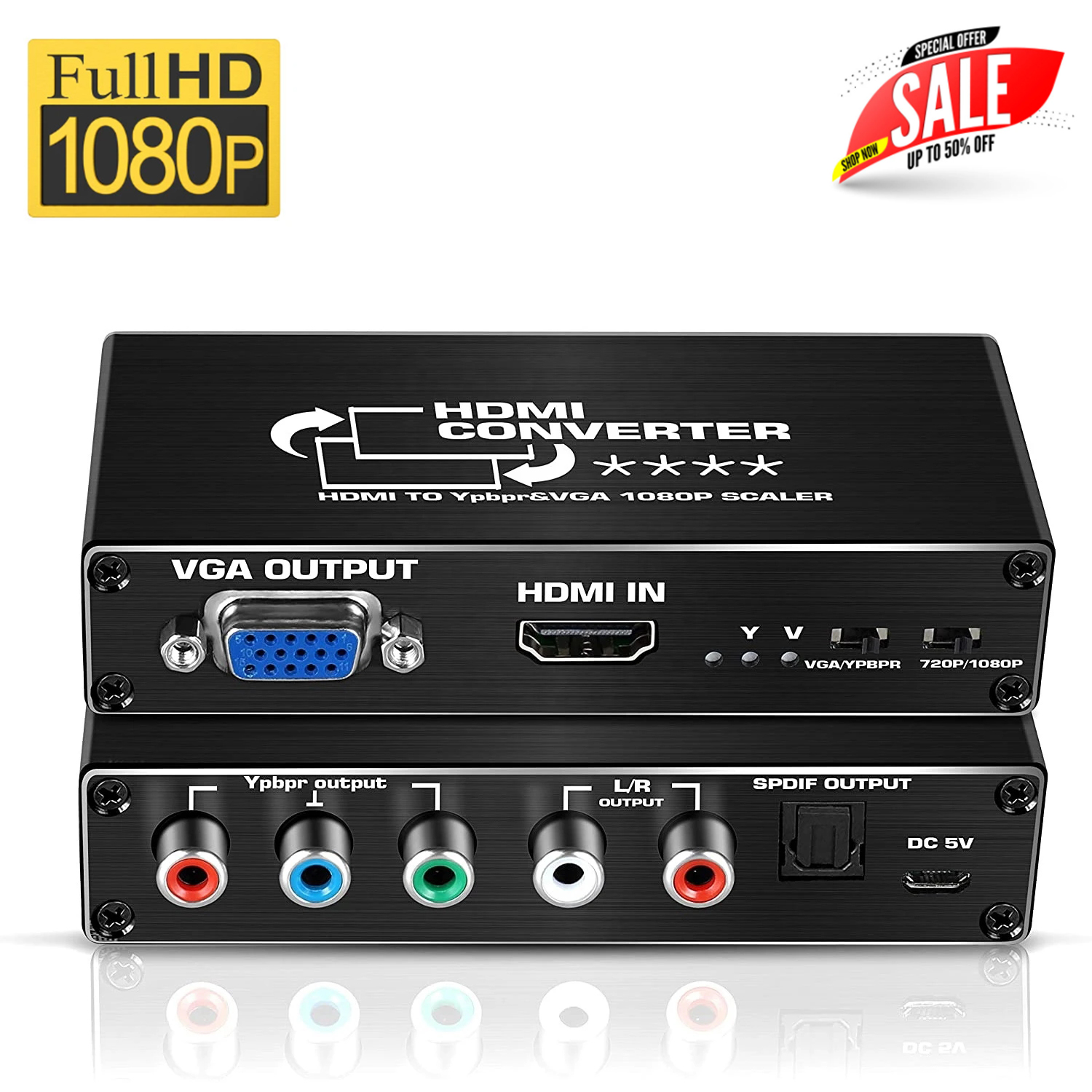 HDMI to YPbPr Scaler 1080P HDMI to Component RGB 5RCA or Video VGA Scaler Converter with Toslink SPDIF Audio Output for PS4 HDTV