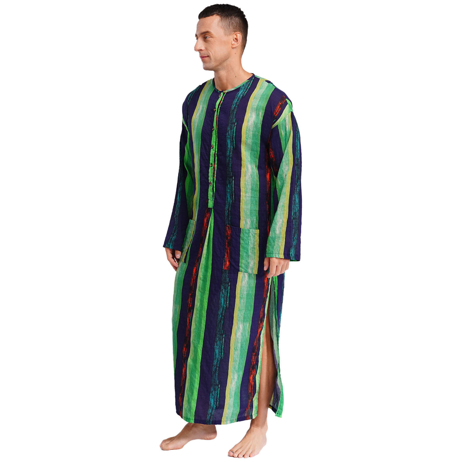 Mannen losse jurk Midden-Oosten Islam Moslim Thobe Ronde Hals Lange Mouw Streep Lange Jurk Knoppen Arabische Jubba Thobe Shirt Jurken