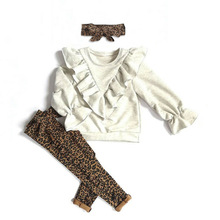 Kid baby pige tøj sæt solid langærmet flæse toppe sweatshirt + leopard print bukser pandebånd 3 stk outfit