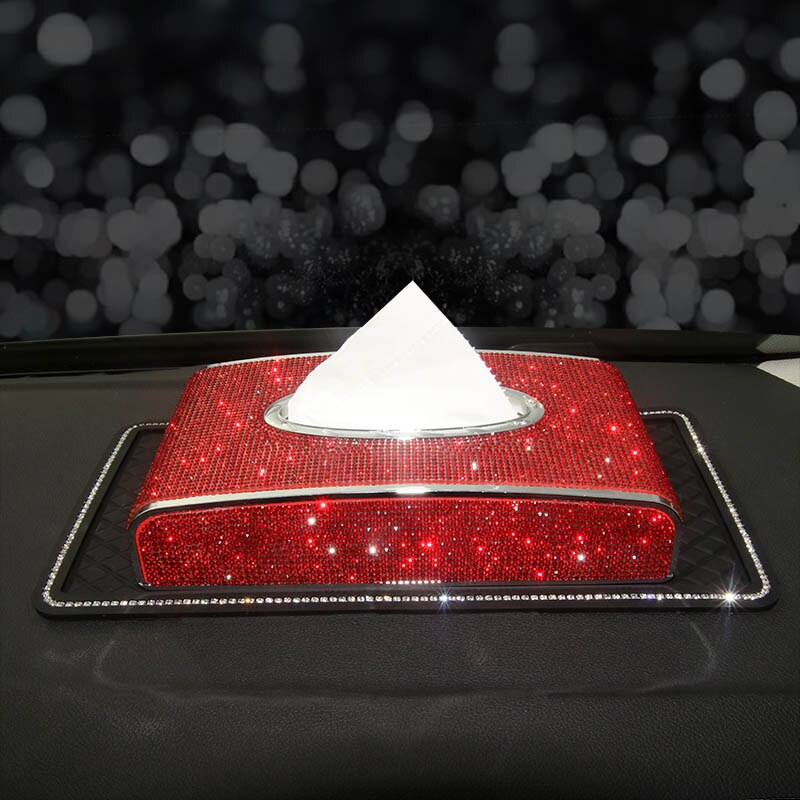 Diamond Tissue Box Holder for Car Leather Crystals Paper Towel Cover Case with Number Card Car Interior Accessories: red with mat